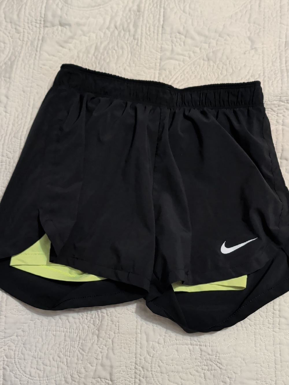 Nike Women's Black Athletic Shorts with Neon Yellow Liner